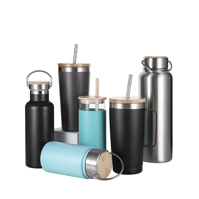 Stainless Steel Sports vacuum insulated Water Bottle and tumbler Beverage Bottle with Leak-Proof Bamboo Lid with handle