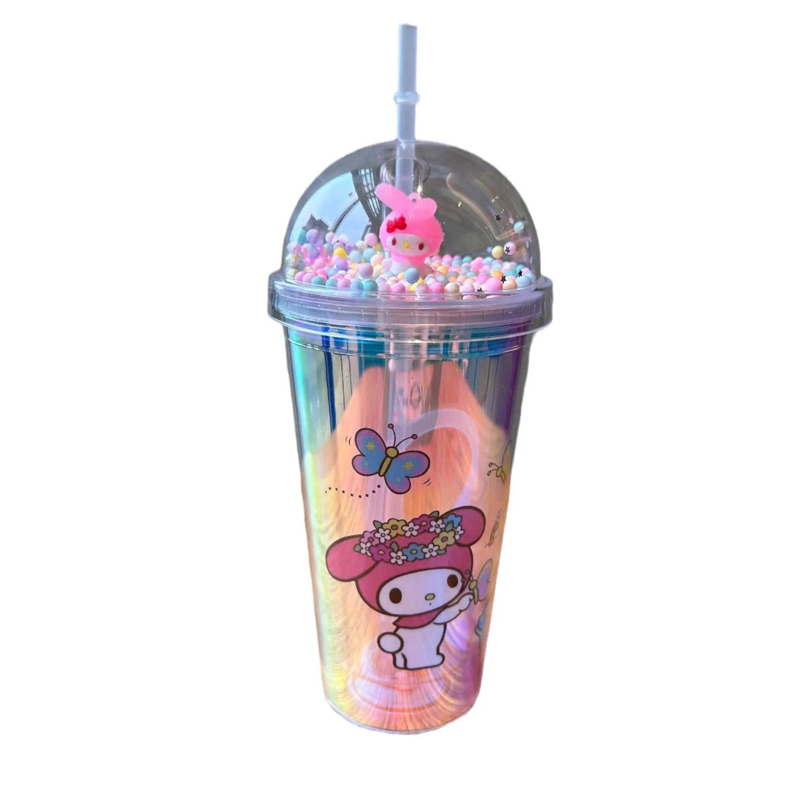 Ruunjoy New Anime Laser Water Cup Kawaii Cartoon Melody Kulomi with Straw Double-Layer Plastic Large Capacity Gifts Bottle