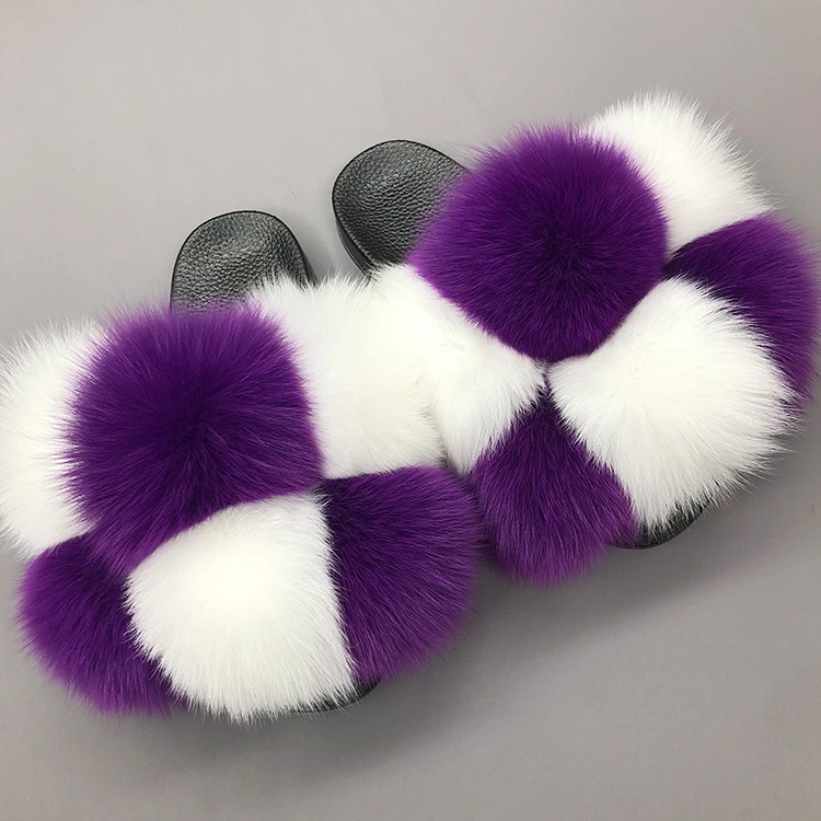 High-end purple and white fashion pom fur slides luxury custom logo furry fur slides pom pom