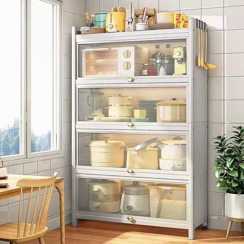 New kitchen storage rack hole plate dining side cabinet kitchen shelf with flipped dust-proof door kitchen storage cabinet