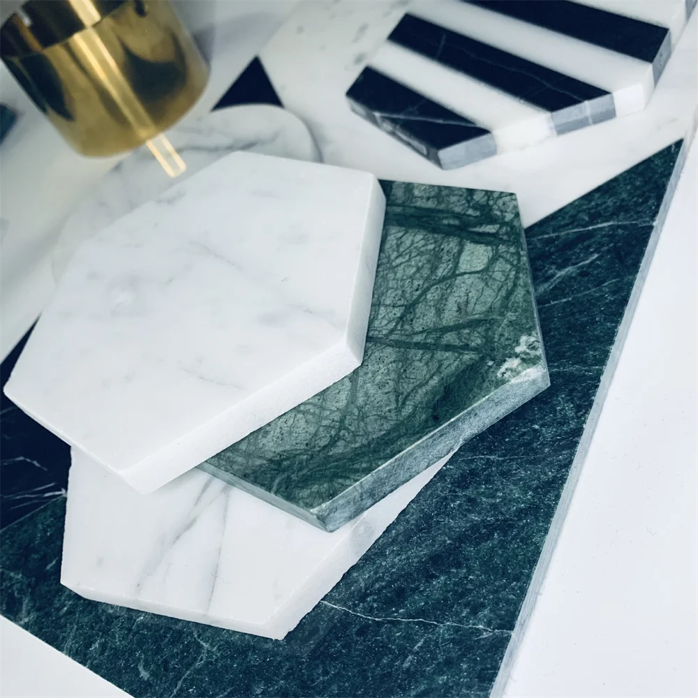 wholesale natural green marble coaster round 10x10x1cm hexagon coaster natural white carrara marble coaster in low price