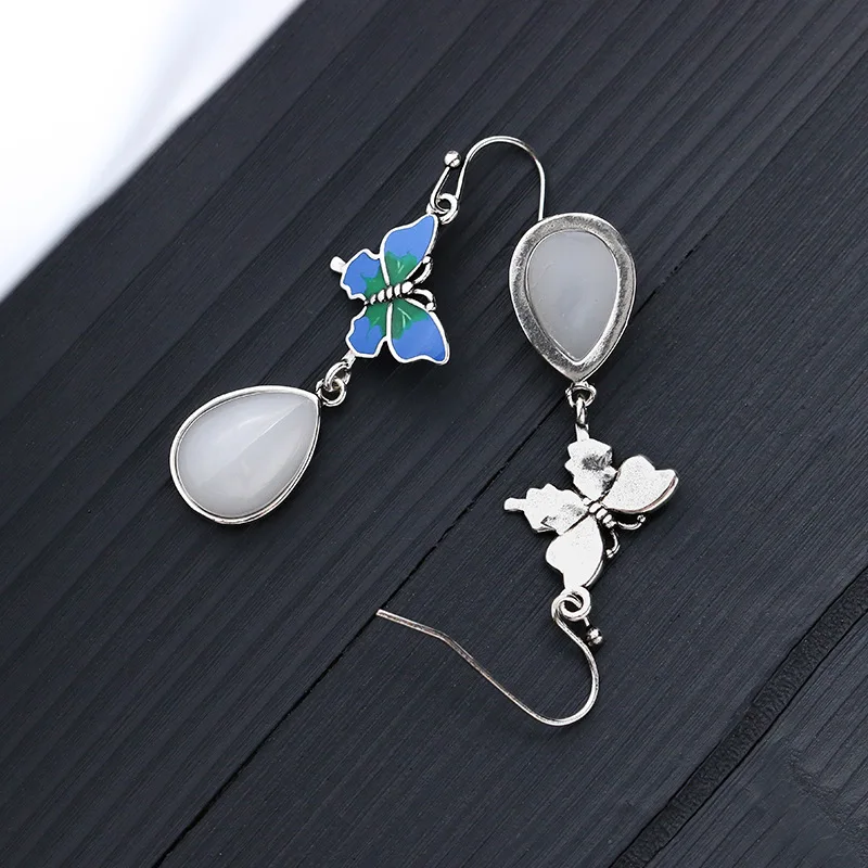High Quality Vintage Design Enamel Thai Silver Plated Artificial Jade Butterfly Earrings for Engagement or Anniversary