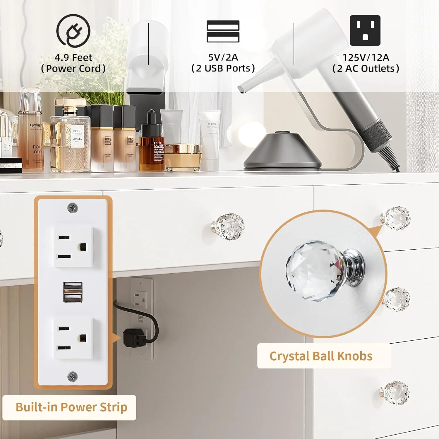 Modern Makeup Table Set MDF Wood Vanity Dressing Table with LED Light Standing Mirror Stool Feature Storage