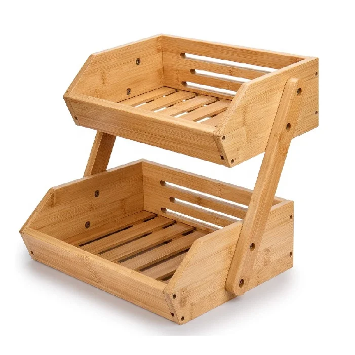 Vegetable Storage Stand for Fruit Shop Kitchen Counter 2-Tier Fruit Bowl Bamboo Fruit Basket