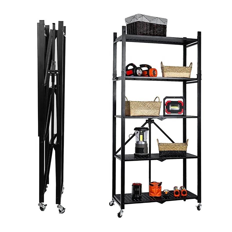 Multi-Layer Metal Kitchen Foldable Rack 5 Tier Folding Storage Rack Trolley Organizer Utility Cart Book Shelves
