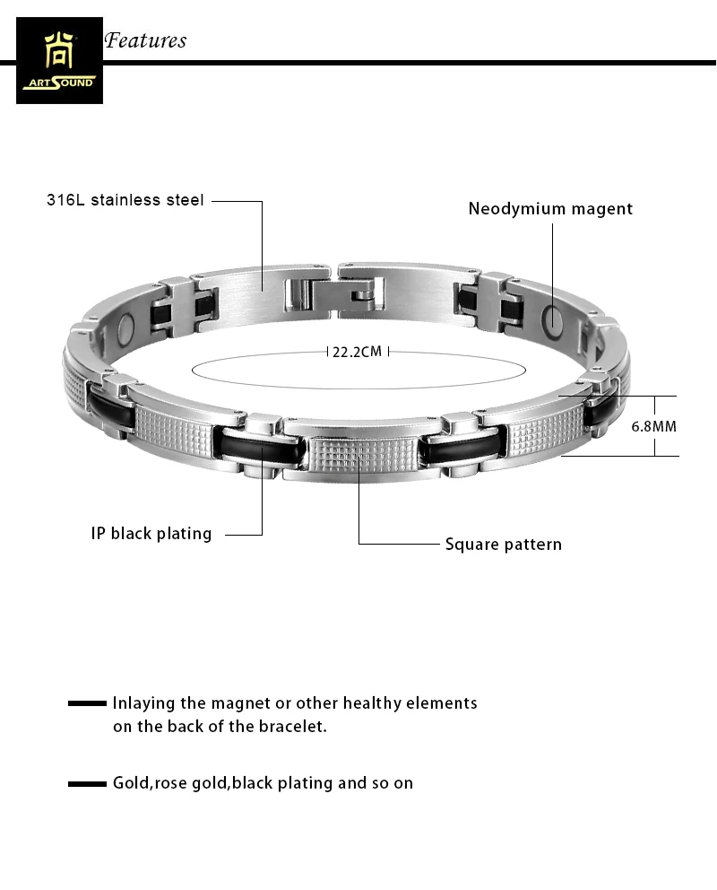 Health Care Therapy 316L Stainless Steel Magnetic Black Couple Rubber Bracelets