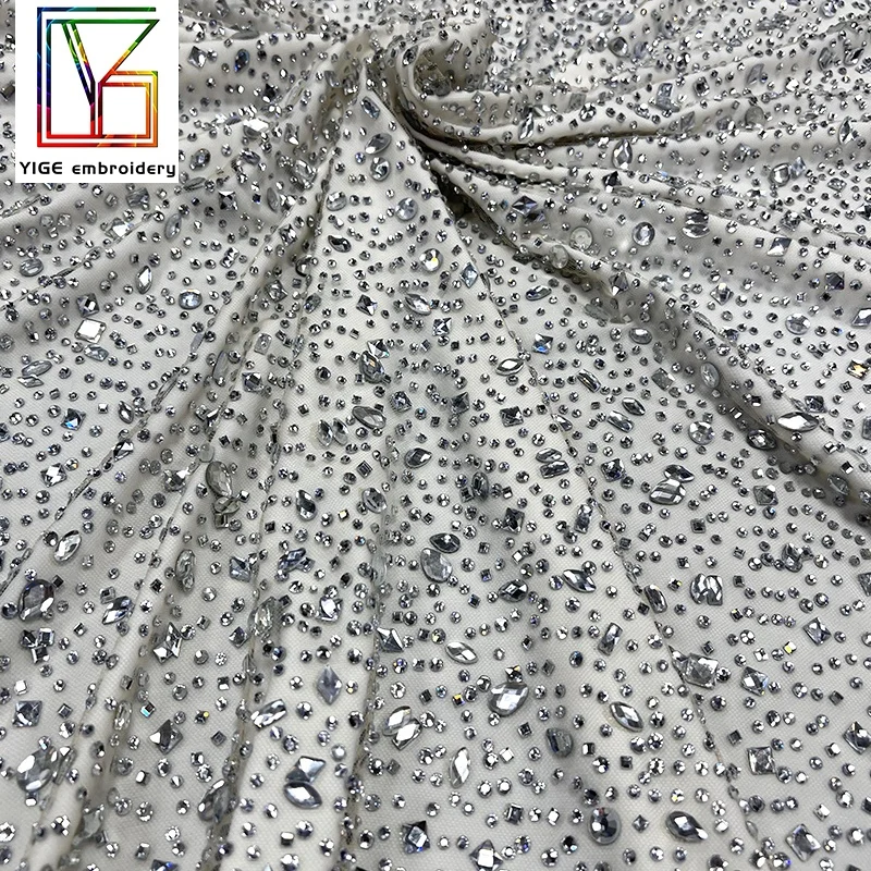 luxury crystal stones beaded fabric for wedding dress high quality swarovski rhinestone lace fabric white crystal lace fabric