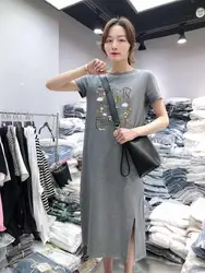 2022 Cheap Wholesale Lady Maxi Split Dress Funny Print Summer Casual Dresses