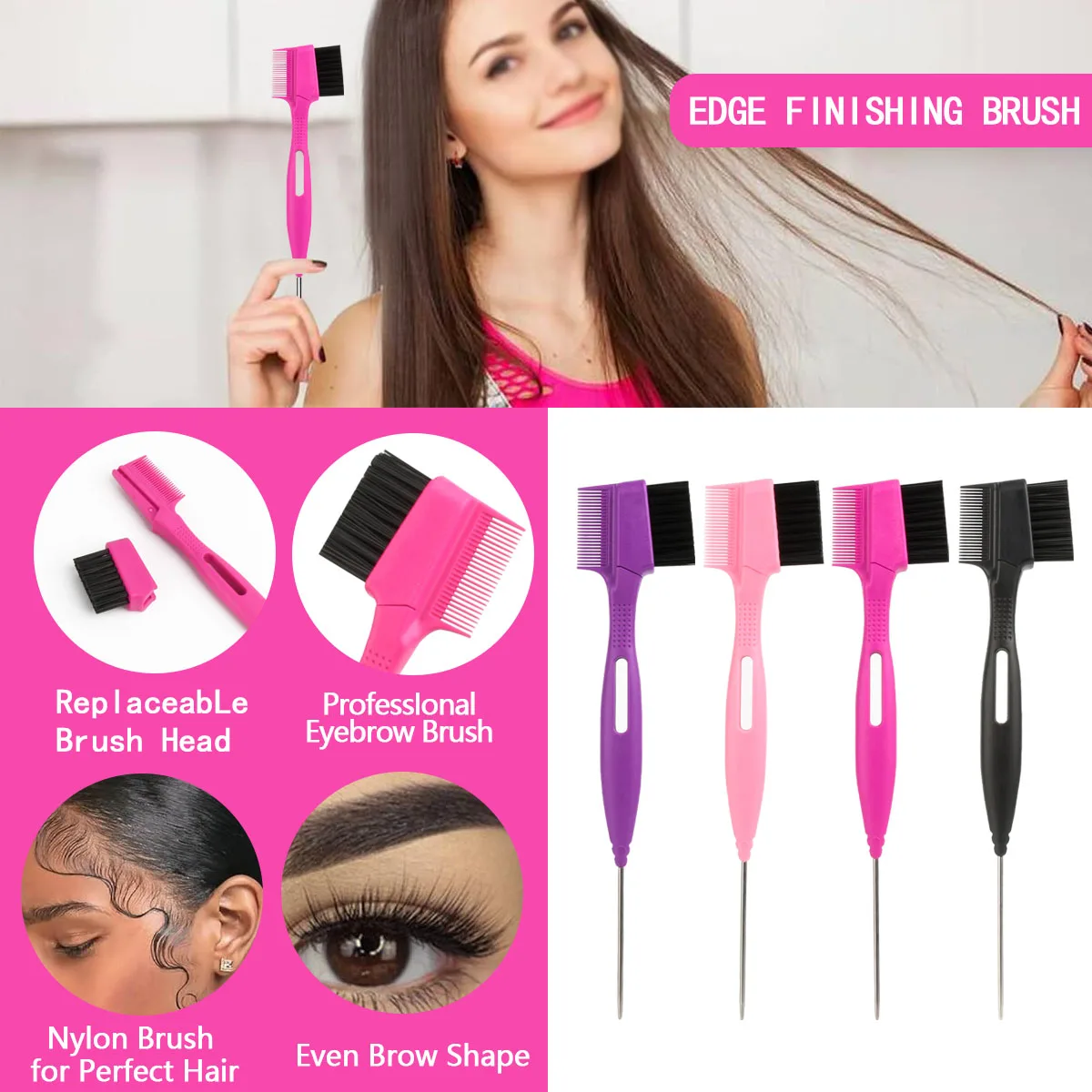 Wholesale Double Sided Brush Edge Control Hair Comb Brush Steel Tail Needle 3 in 1 Eyebrow Brush Comb
