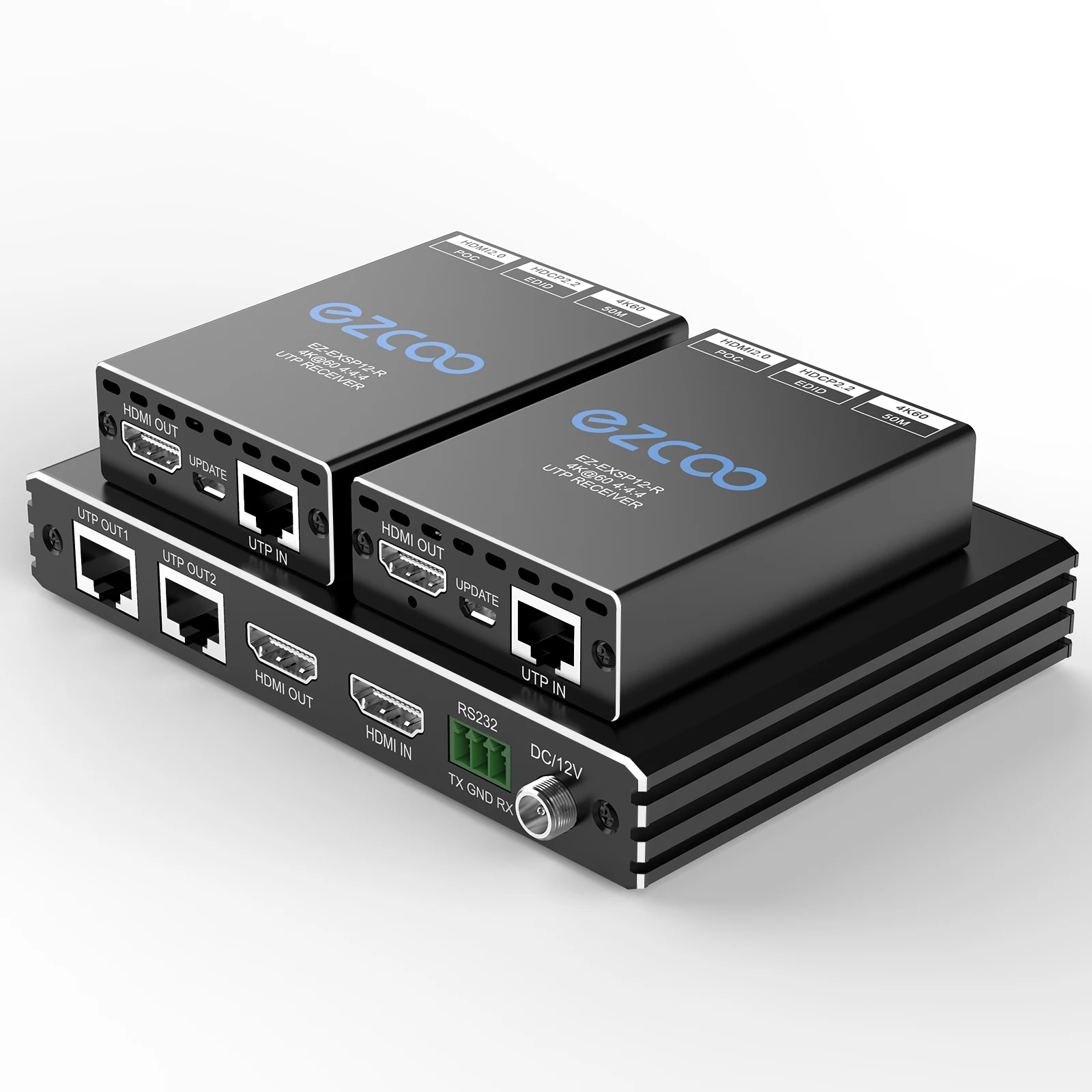 UTP HD-MI Extender 4K@60Hz 4:4:4 8bit HDCP2.2 Supports PoE bi-directional IR RS232 and EDID management Two UTP output
