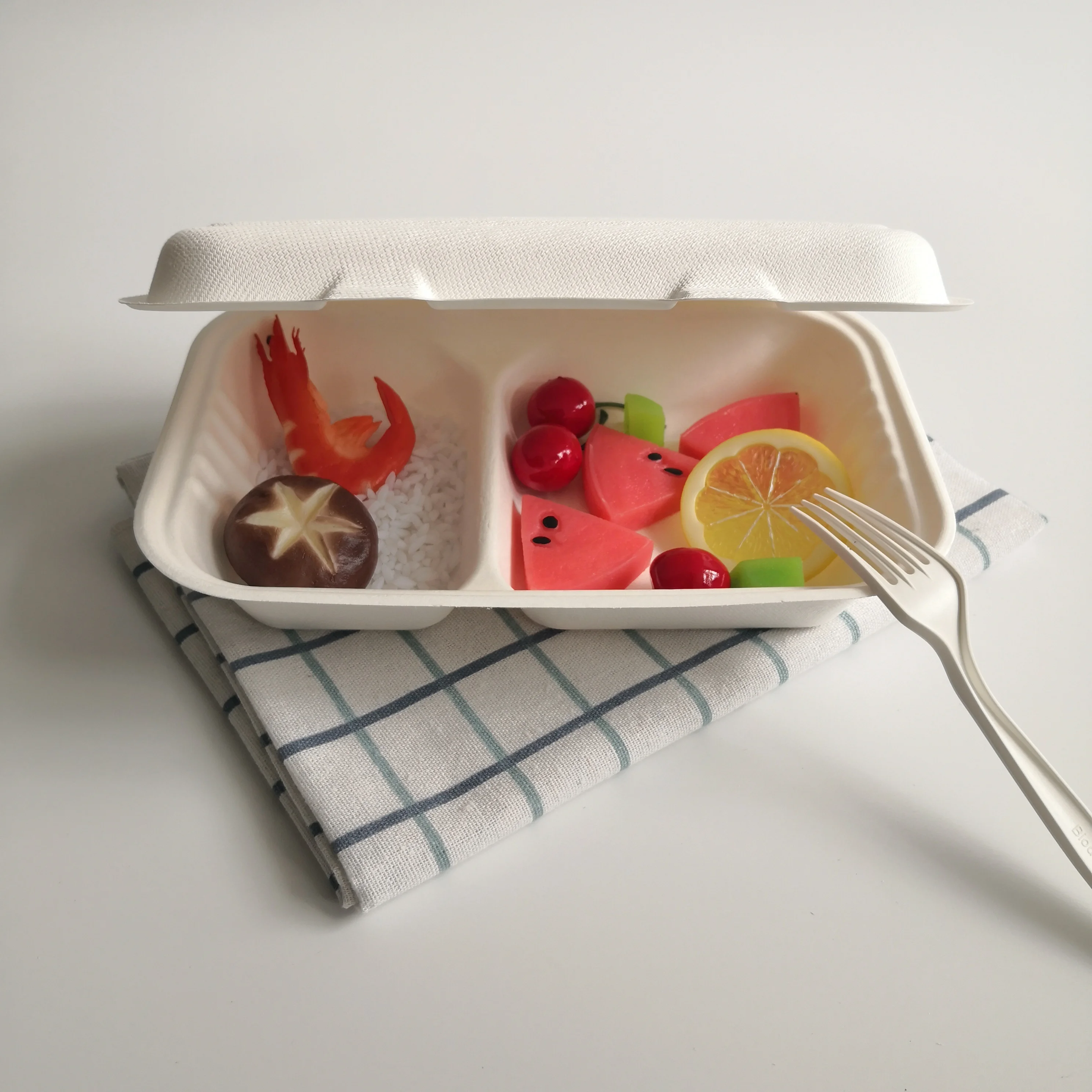 biodegradable recycled food packaging take away box with 2 compartment tray