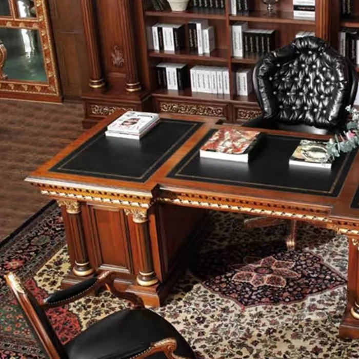 Hot selling office study room  red wood carved wooden large office executive table desk with top cow leather office chair