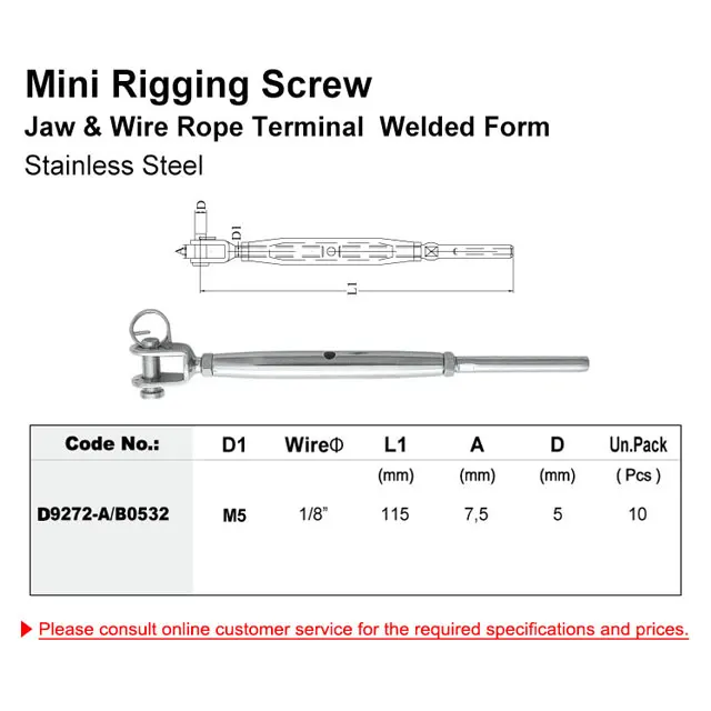 stainless steel mini rigging screw jaw & wire rope terminal welded form