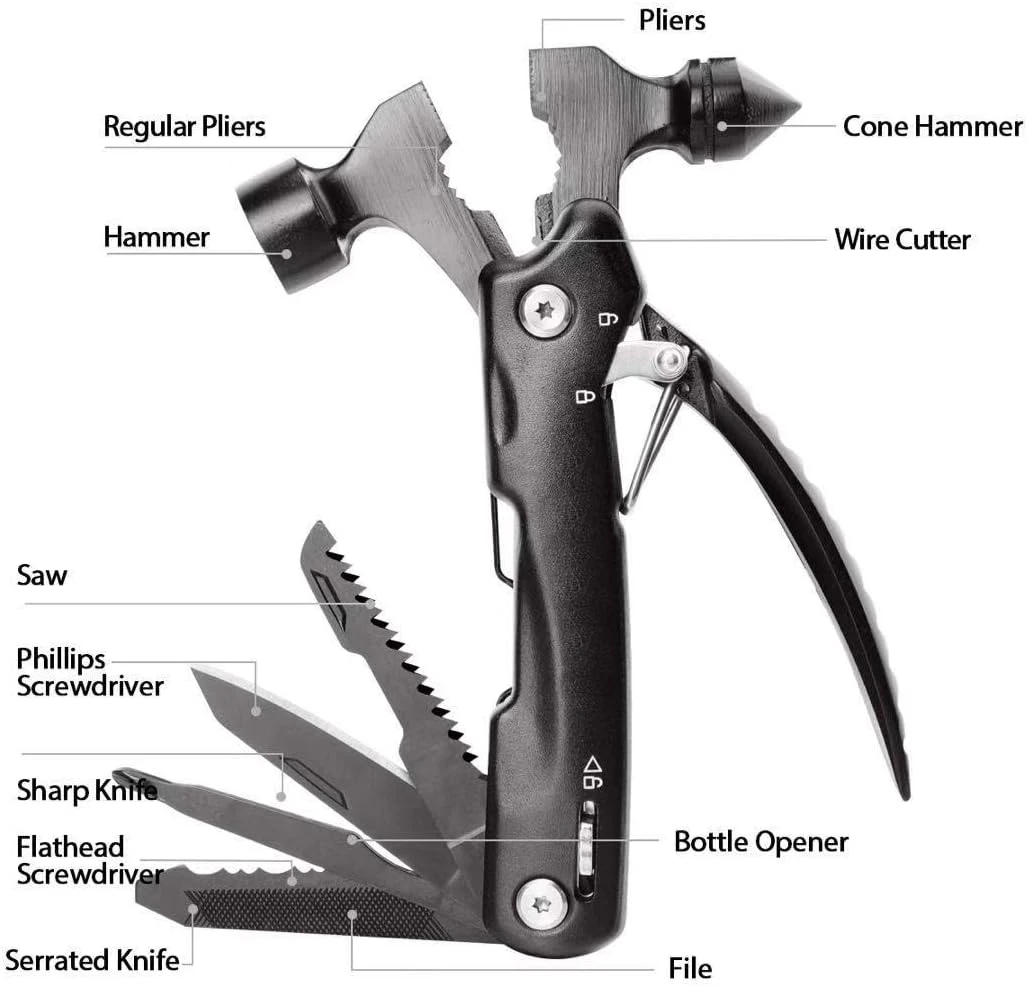 Hot Sell Multitool Hammer 12 in 1 Survival Hammer Multitool Emergency Escape Car Safety Fathers Day Christmas Gifts for Men Dad