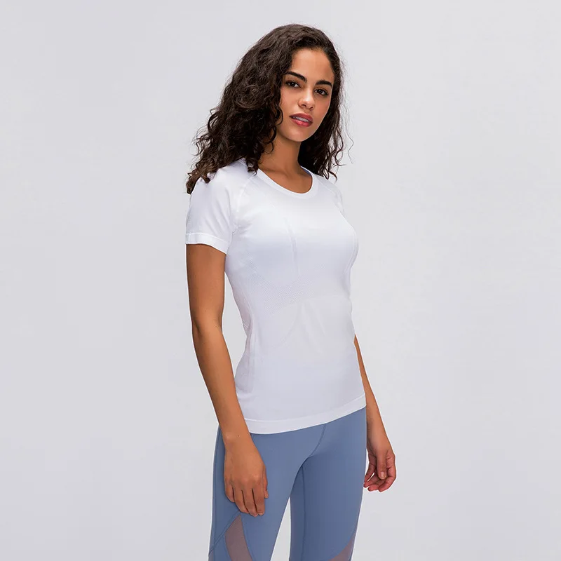 S2067 light weight lulu jacquard Seamless Workout Shirts for Women Short Sleeve Plain Tees Quick Dry Gym Athletic Tops