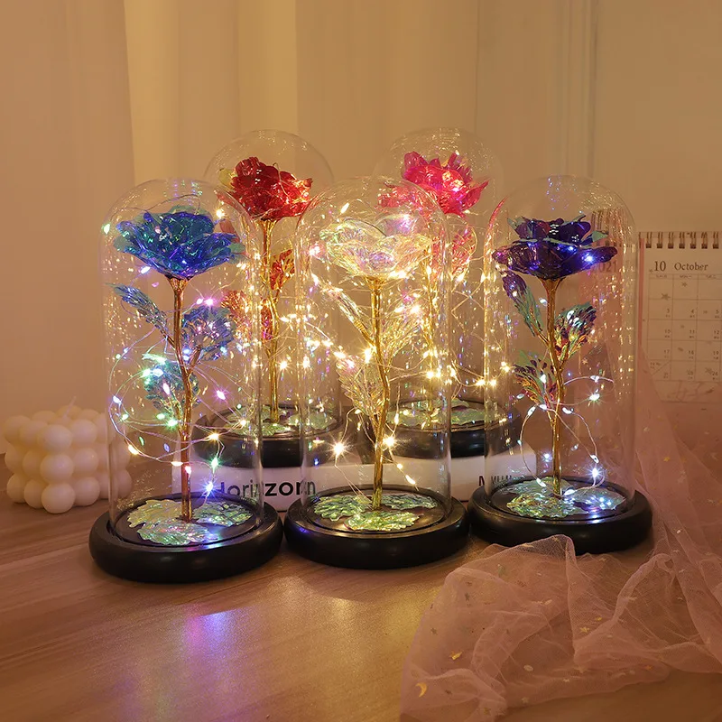 Foil Roses With Luminous Led Light Glass Dome For Mothers Day Gift galaxy led rose in glass dome for valentines day