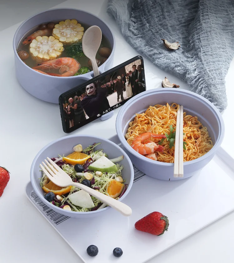 Instant Noodle Bowl, Bamboo Fiber Drained Noodle Bowl With Lid