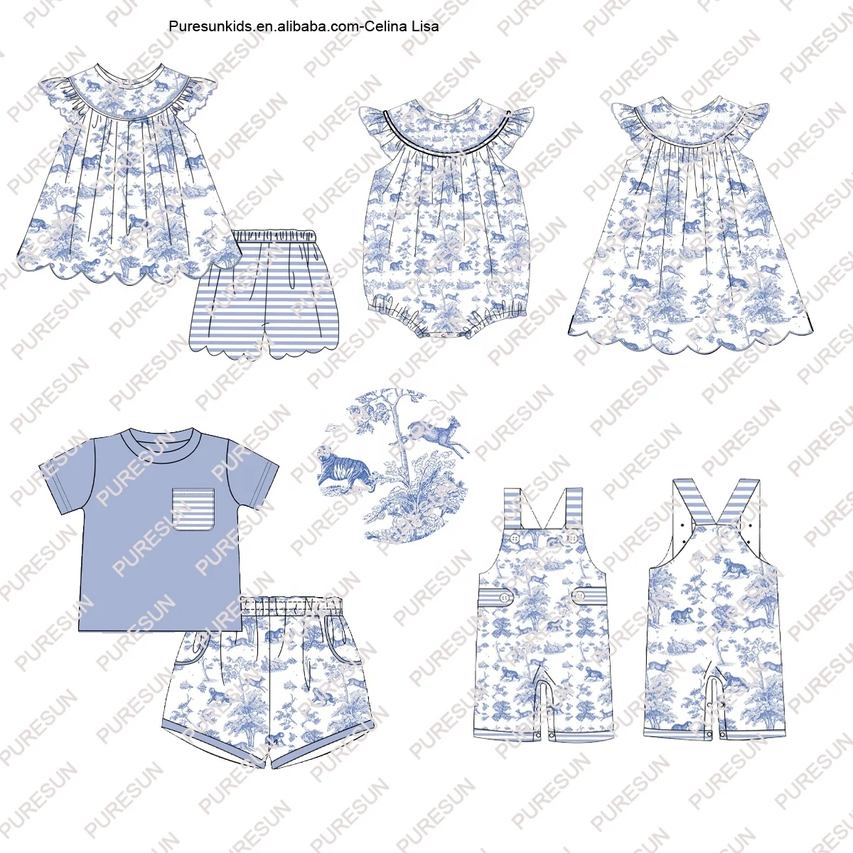 Puresun custom kids clothes animals tiger toile girls smock bishop romper newborn baby girl flutter sleeves bubble rompers