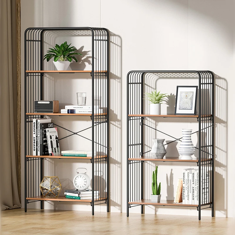 WIREKING 4 Tier Multi-functional Metal Bookshelf Speakers Wood Bookcase Living Room Furniture