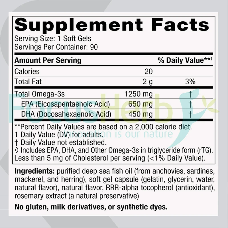 Healthife Omega 3 Fish Oil Supplement EPA DHA Fatty Acids Fish Oil Softgels 1250 mg 90 ct