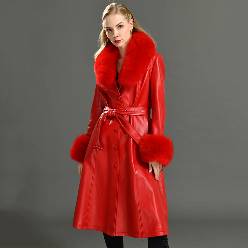 Luxury Fox Fur Collar Leather Trench Coat Woman Long Genuine Leather Trench Coats