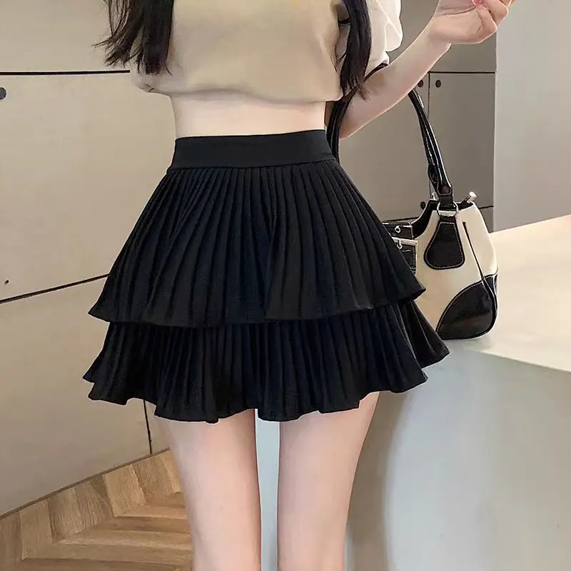 High Waist Pleated Mini Skirt Women Double Layer White A-line Skirt with Shorts Y2k Clothes Korean Fashion Goth Harajuku Skirt