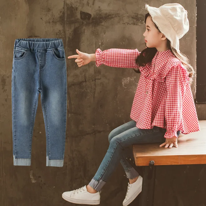 Новое поступление Весенняя оптовая продажа Корейская повседневная одежда для детей большие размеры синие модные джинсы девочек от китайского поставщика