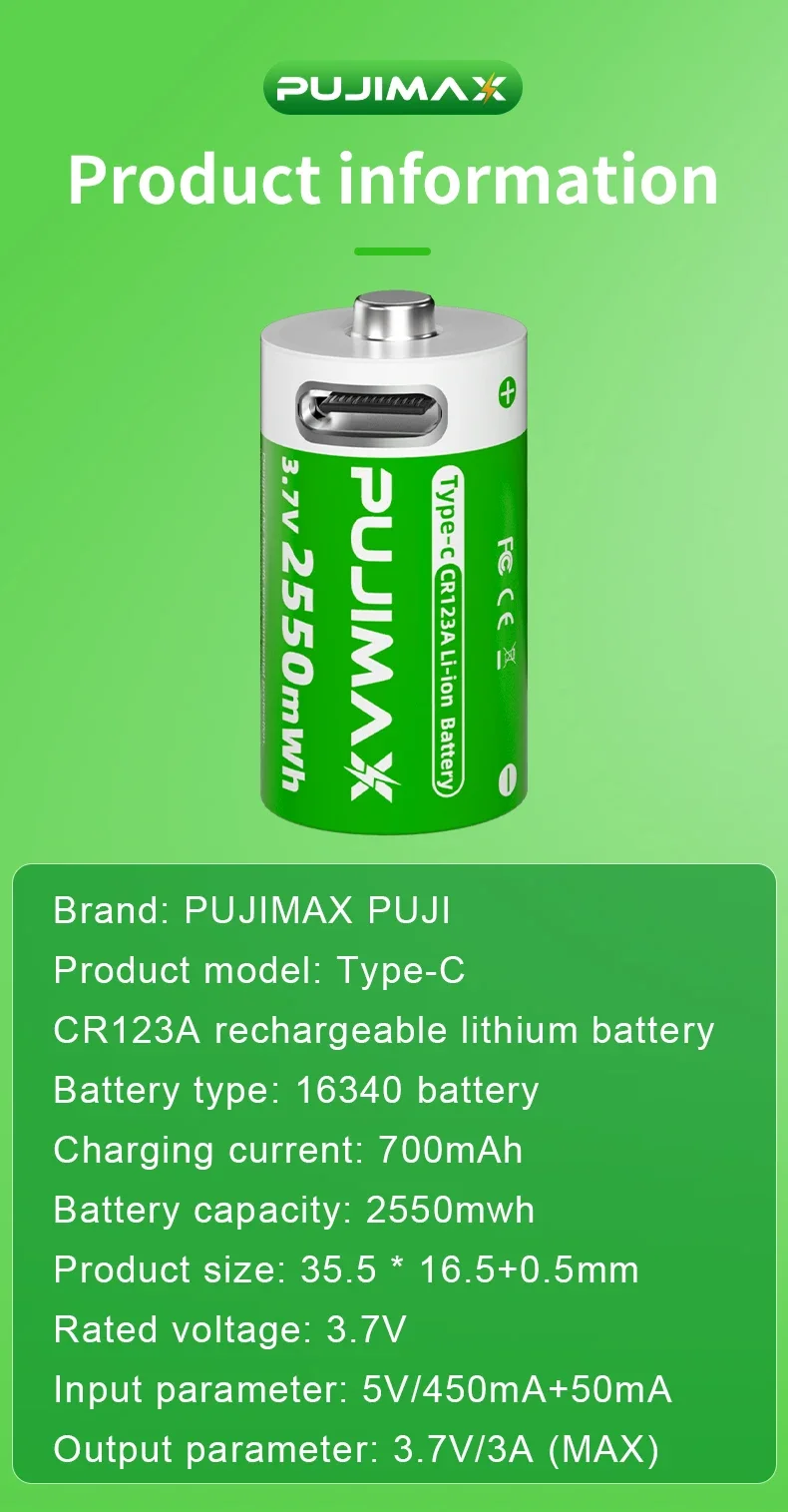 PUJIMAX 2PCS 2550mWh CR123A New Models Suction Card Packing Rechargeable Li ion Batteries 3.7V USB C Charging Lithium Batteries