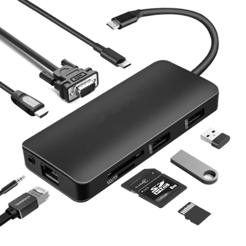  9 в 1 Type-C к HD VGA 2 USB3.0 SD/MMC микро SD/TF Card Reader устройство чтения карт 3 5 мм аудио pd-порт подходит для Mac