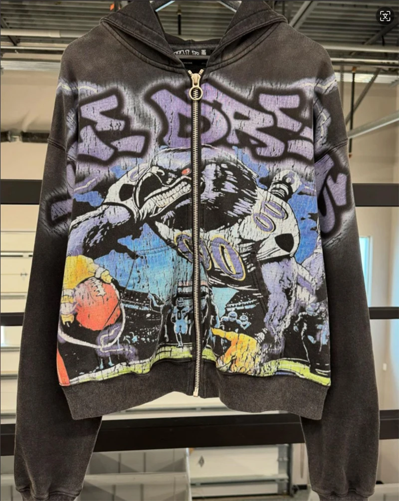 Custom Top Quality All Over Printed Graffiti Hoodie Zip up Vintage Wash Distressed Sweatshirt for Man