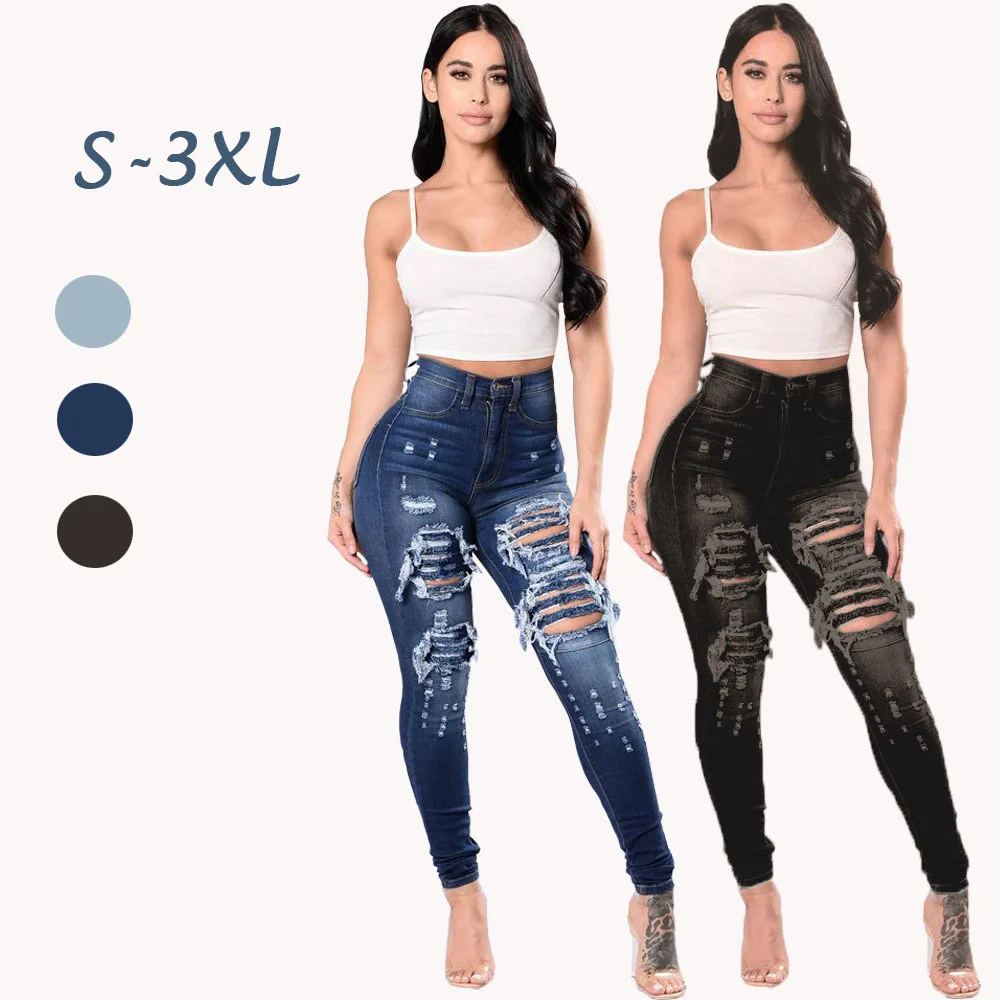 New Fashionable Women Jeans Ripped Denim Pants Hollow Out High Waist Side Split Distressed Jeans For Sexy Women Clothing