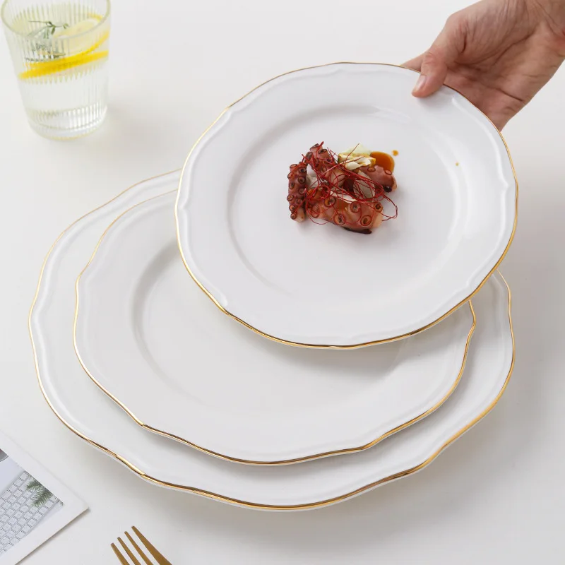 Gold Rimmed Lotus Luxury Western Porcelain Steak and Breakfast Plate Creative Ceramic Hotel Tableware New Model