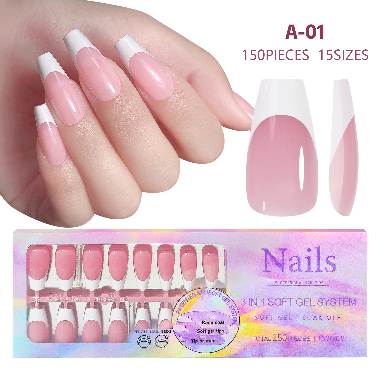 150pcs/set Charming French Ballet Wearable Fake Nail Tips Press On Nail Seamless Removable Wearing Reusable Full Cover