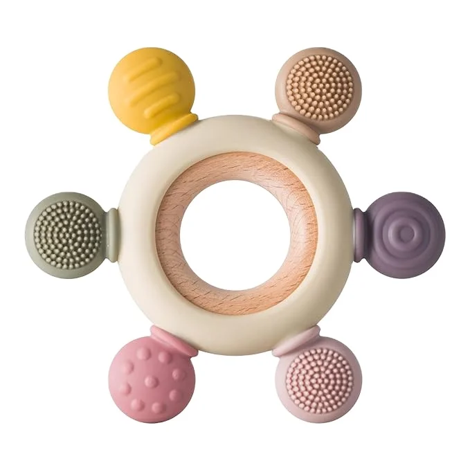 Silicone wooden Baby Teether Rattle Wood Ring Play Toys  Teething Toys BPA Free  For Baby
