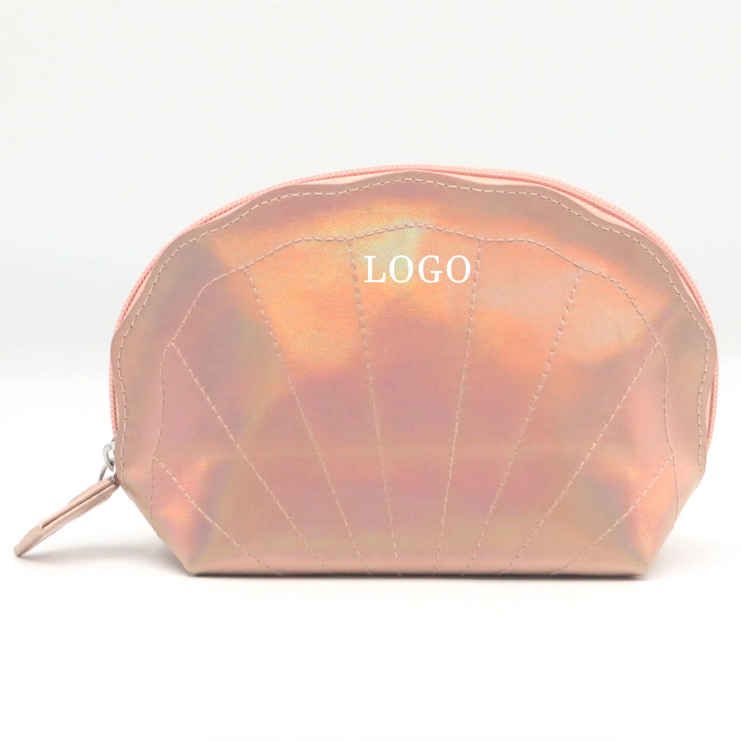 New Product Unique Design Apricot Holographic PU Cosmetic Bag Wave-like Top Shell-Shape Apricot Vegan Leather Makeup Zipper Bag