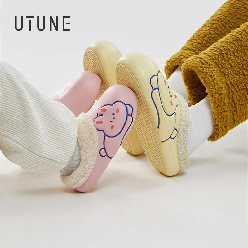 UTUNE Cartoon Cute Rabbit Women Warm Slippers Fur Closed Toe House Bedroom Winter Slippers Shoes High Quality Sandalsls
