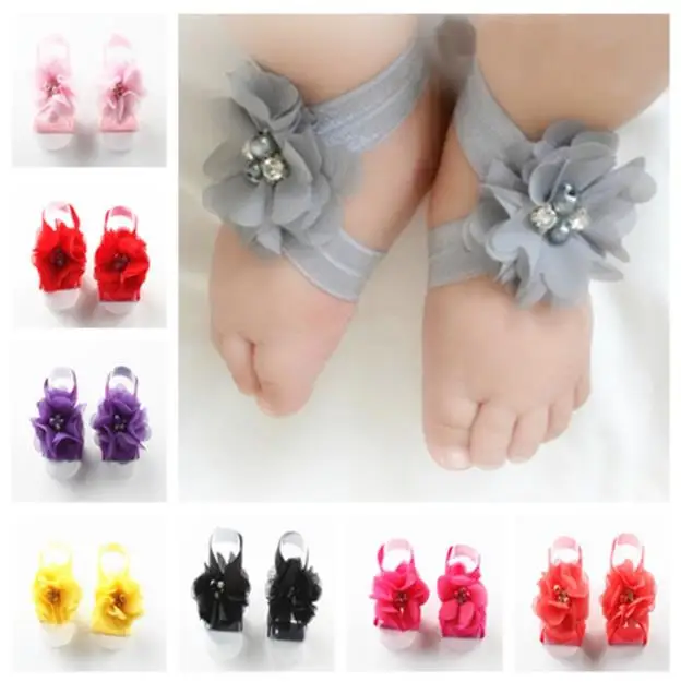 Baby Feet Accessories Photo Props Chiffon Flower Rhinestone Barefoot Sandals For Newborn Babies