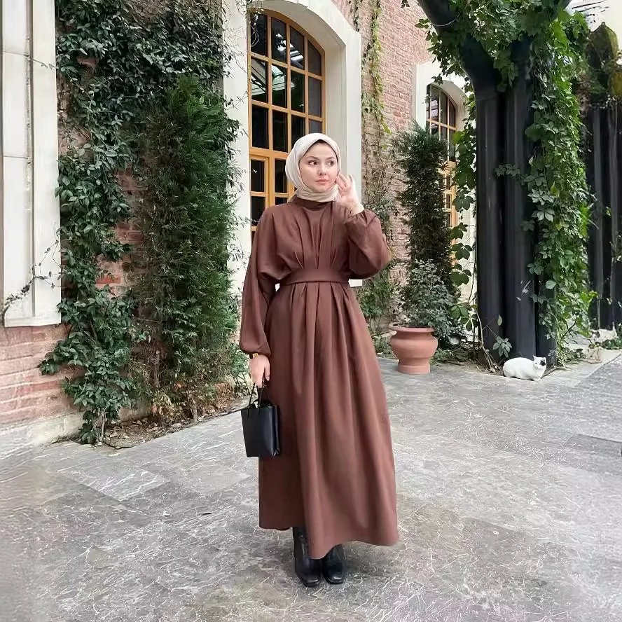 Spring Casual Dress Linen Modest Turkey Dubai Solid Colour Bandeau Sleeve Dress Women 2024 Saudi Abayas for Women Muslim