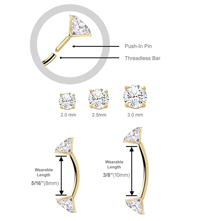 Wholesale 14K solid gold CZ Eyebrow Push In Threadless  Rook Cartilage earrings 14k solid gold piercing jewelry