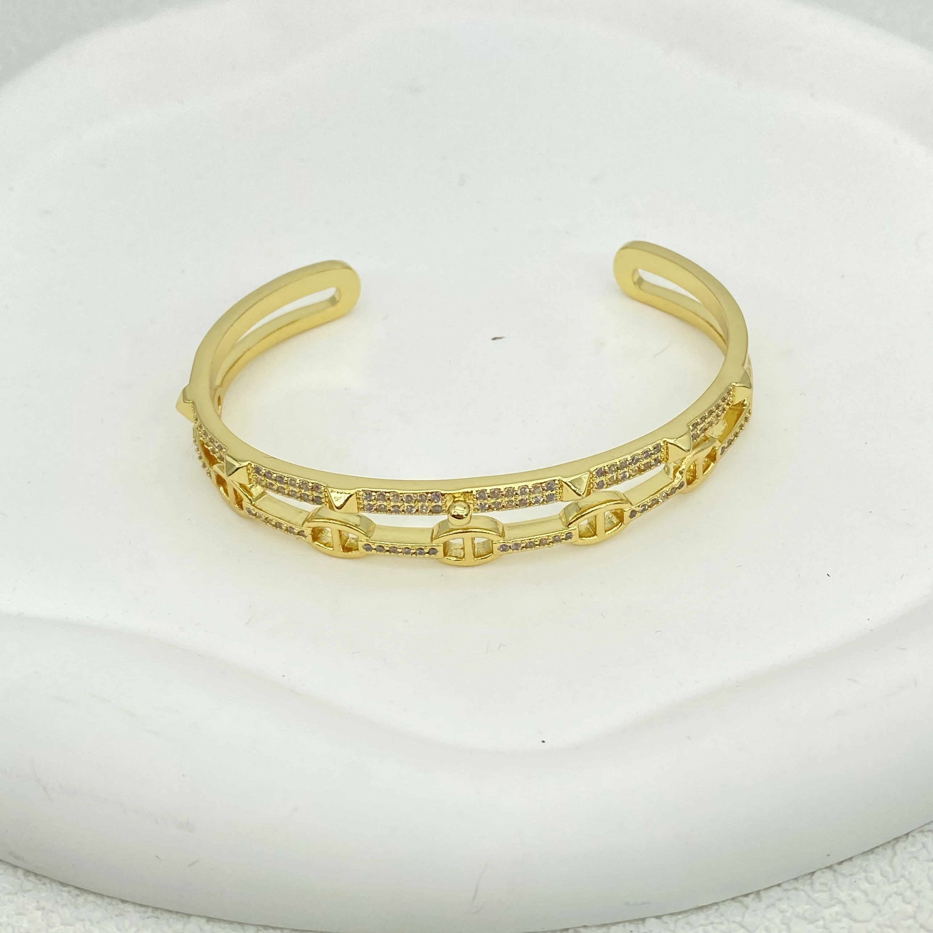 Wholesale Fashion Fine Jewelry Bracelets & Bangles Set Copper 18K Gold Plated Zircon Crystal Diamond Clover for Women Men