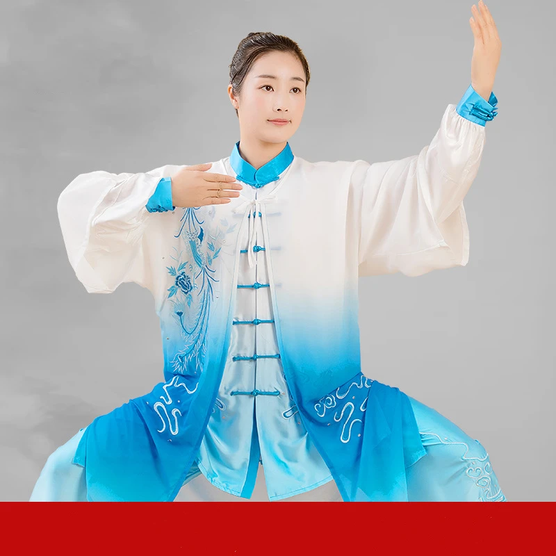The new spring and autumn style gradient color dragon and phoenix embroidery three-piece martial arts suits and Tai Chi suits