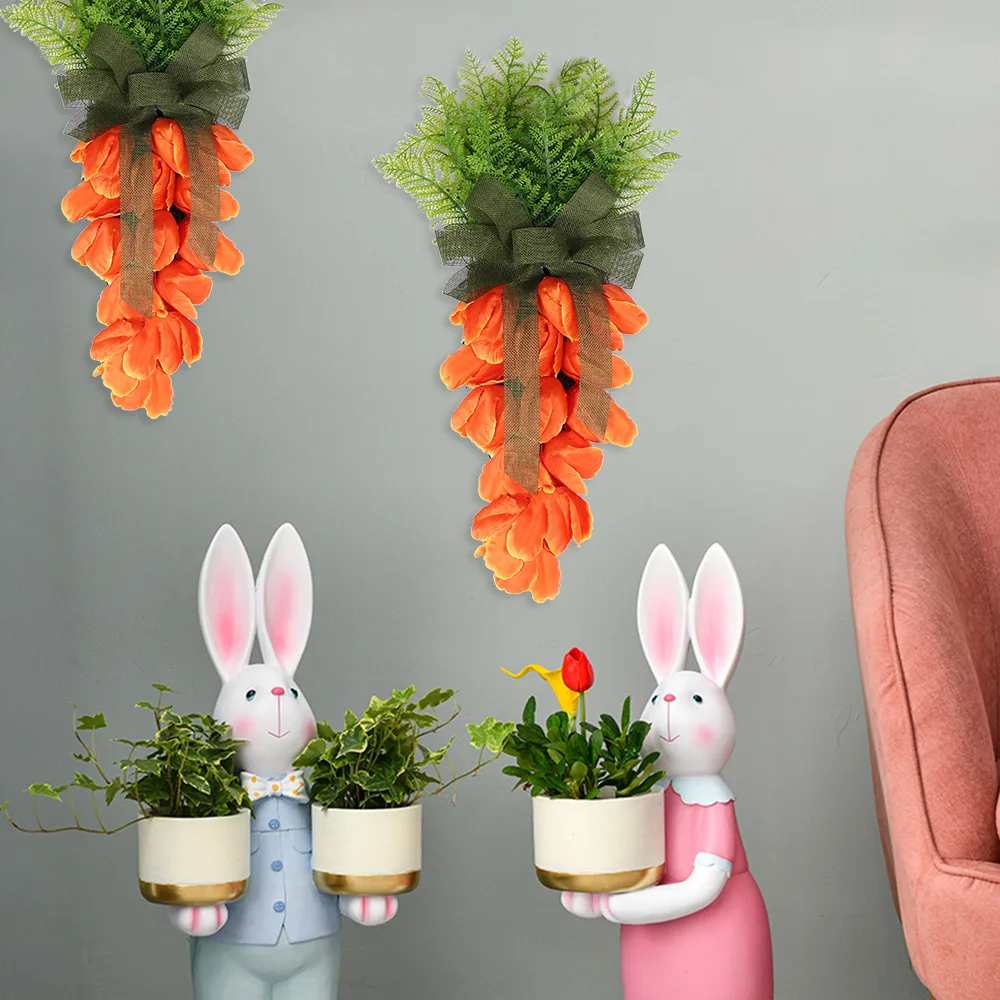 2022 New Easter Decoration Carrot Pendant  Flower Bow Door Decoration Front Wall Hanging Decorations
