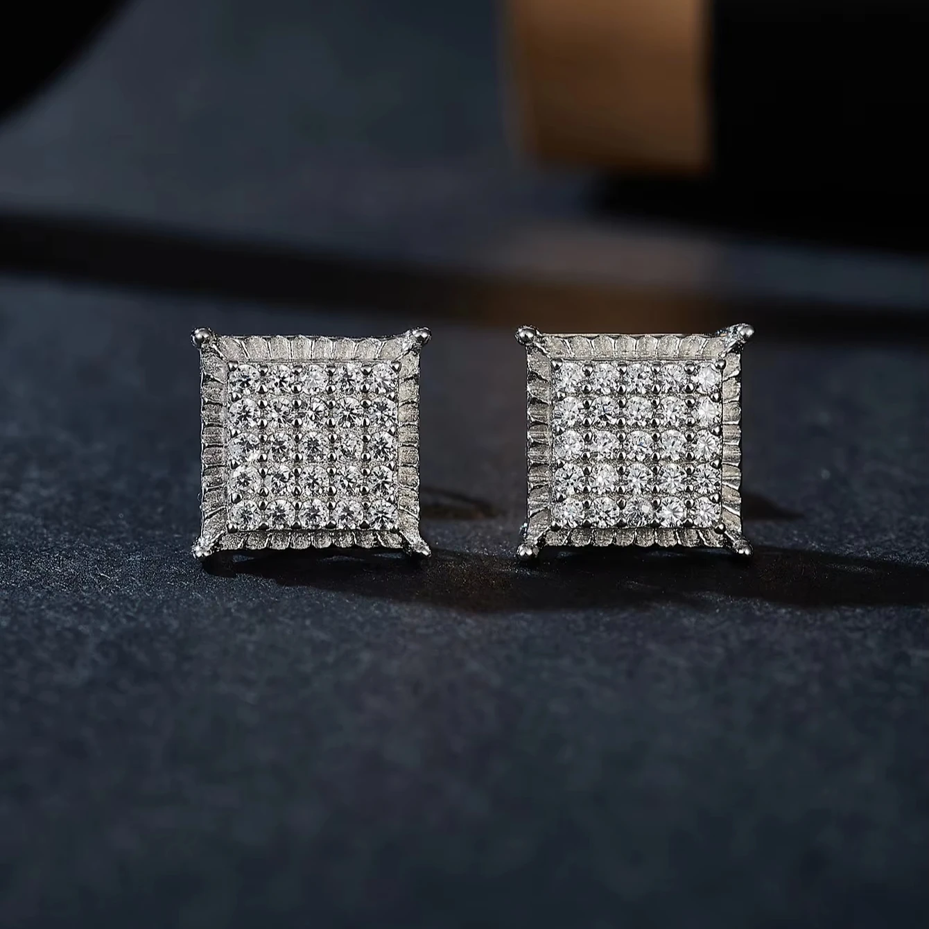 Custom 925 Sterling Silver Square iced out Moissanite Lab Grown Diamond Studs Earrings with 18K Rose Gold Romantic Style