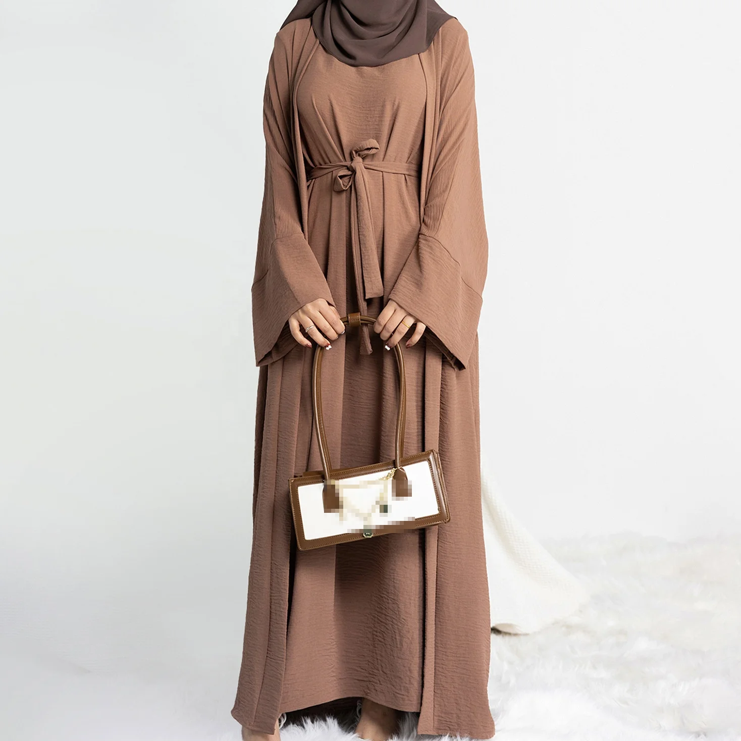 Wholesale Arab Women Open Abaya Dubai Muslim Dress Set Islamic Clothing Turkish Palestine 2 Piece Abaya Set