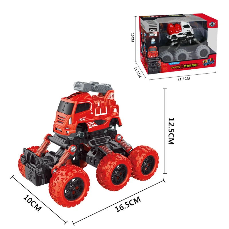 New Product 6 Wheel Die-Cast Small Climbing Fire Engine 4WD Friction Pull Back Car For Children