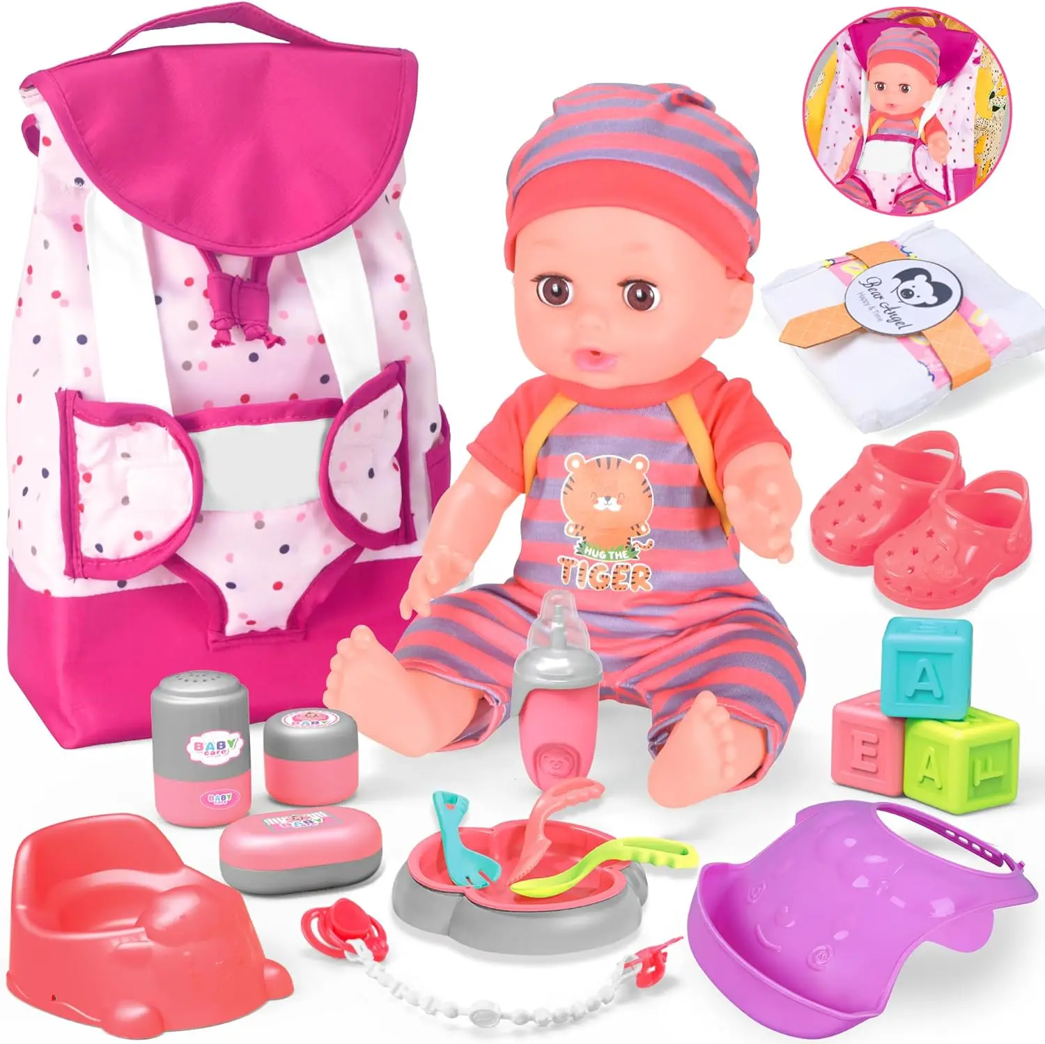 Baby Care Doll Toys Set Realistic Play Infant Backpack Feeding Pretend Toddler