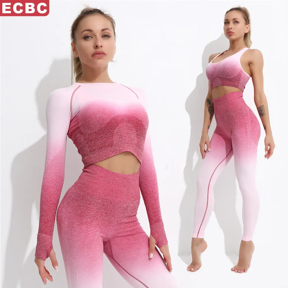 New knitted seamless workout Gradient hanging-dyed gradient peach hips yoga Pants Long Sleeve clothes Leggings sports bra Suit