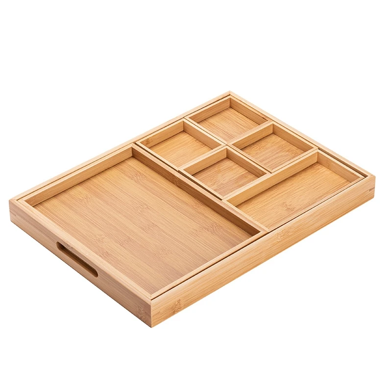 Bamboo Fruit Tray 7 piece set Kitchen Tea Serving Trays with Handle Home Multi-functional Dessert Breakfast Platter