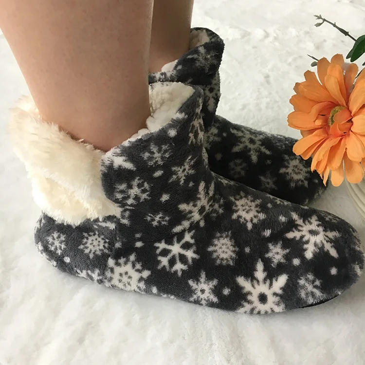 winter woman Christmas snowflake  plush fluffy fuzzy  indoor slipper boots
