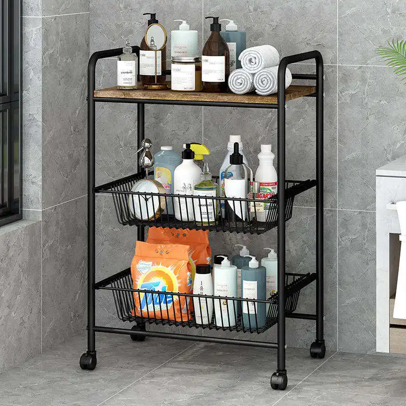 Kitchen 3 Layer Wrought Iron Storage Rack Living Room Storage Trolley Removable Metal Storage Rack With Wheels